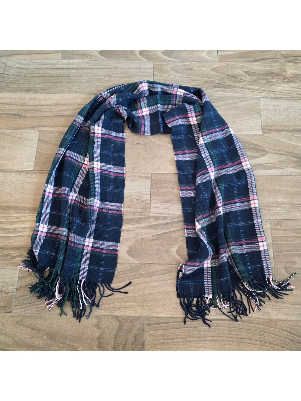Abercrombie Kids Navy Blue Pink Plaid Shimmer Scarf Wrap Cape with Fringe Edges